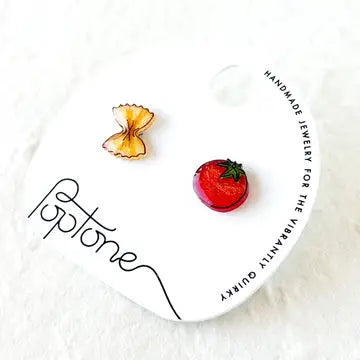 Mismatched Tomato & Bowtie Pasta Stud Earrings