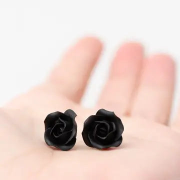 Handmade Black Rose Flower Earrings - Hypoallergenic