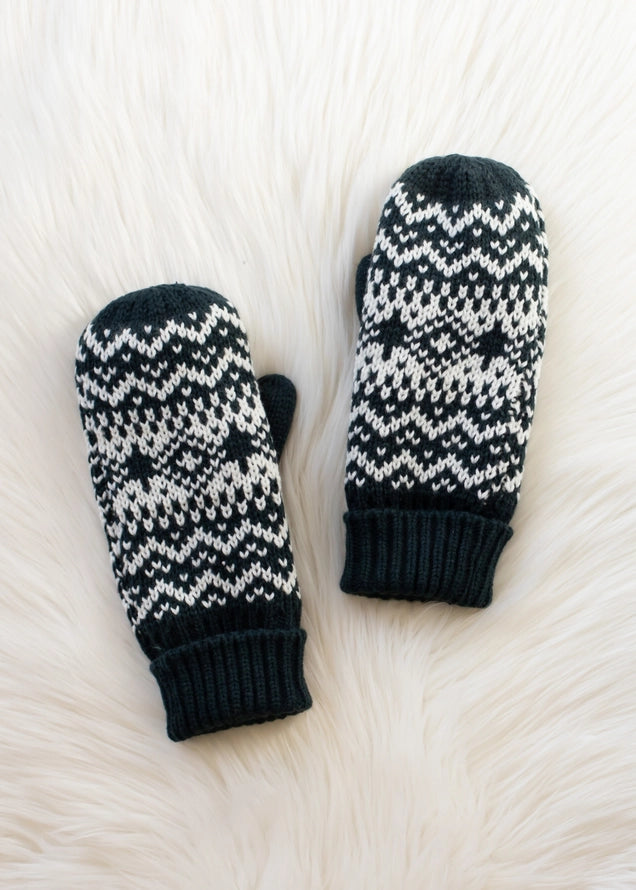 Dark Teal & White Patterned Mittens