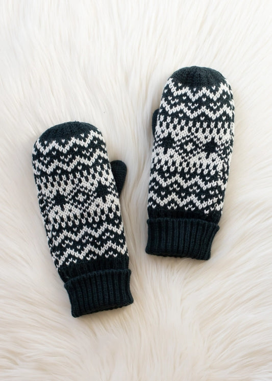 Dark Teal & White Patterned Mittens