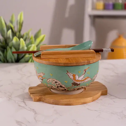 Japanese Crane Bowl with Chopsticks, Spoon, Lid & Trivet Set