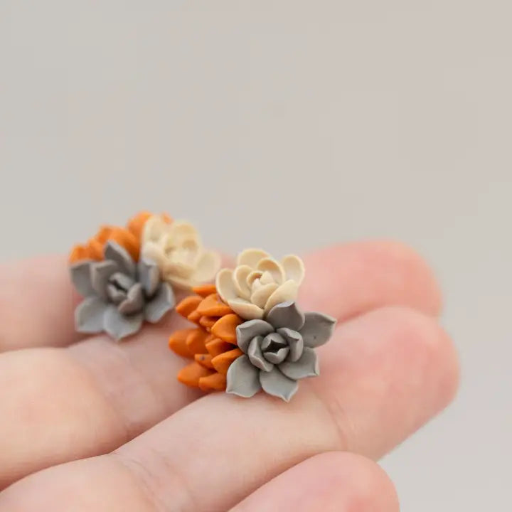 Succulent Stud Earrings - Orange Gray Echeveria Plant