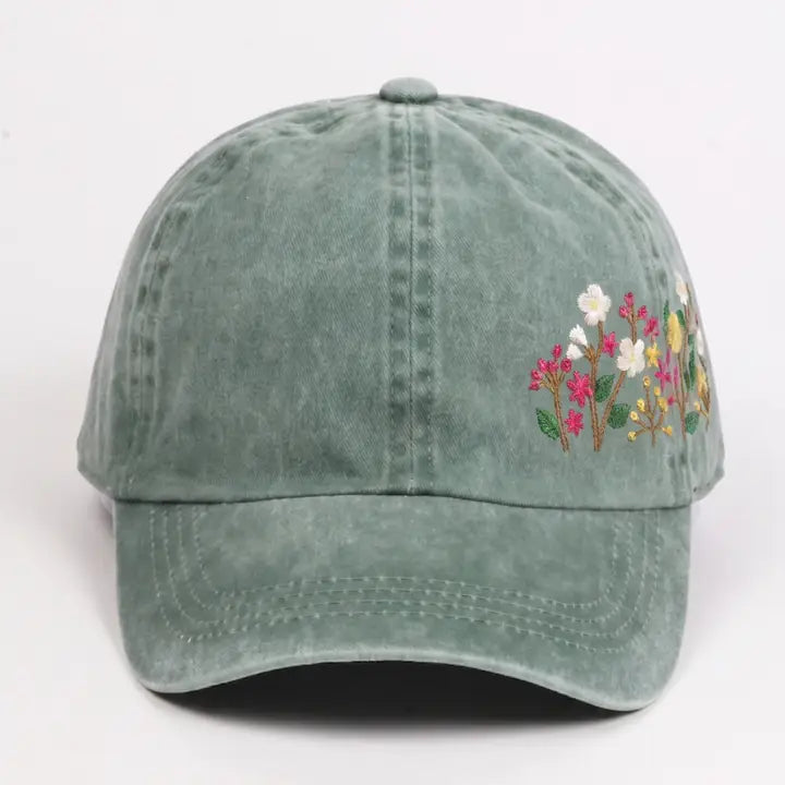 Flowers Side Embroidery Baseball Cap Sage