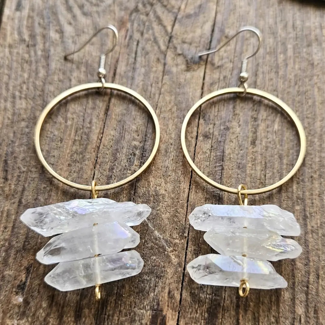 Organic White Aura Quartz Hoop Earrings