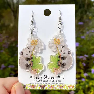 Acrylic Opossum & Bloodroot Earrings