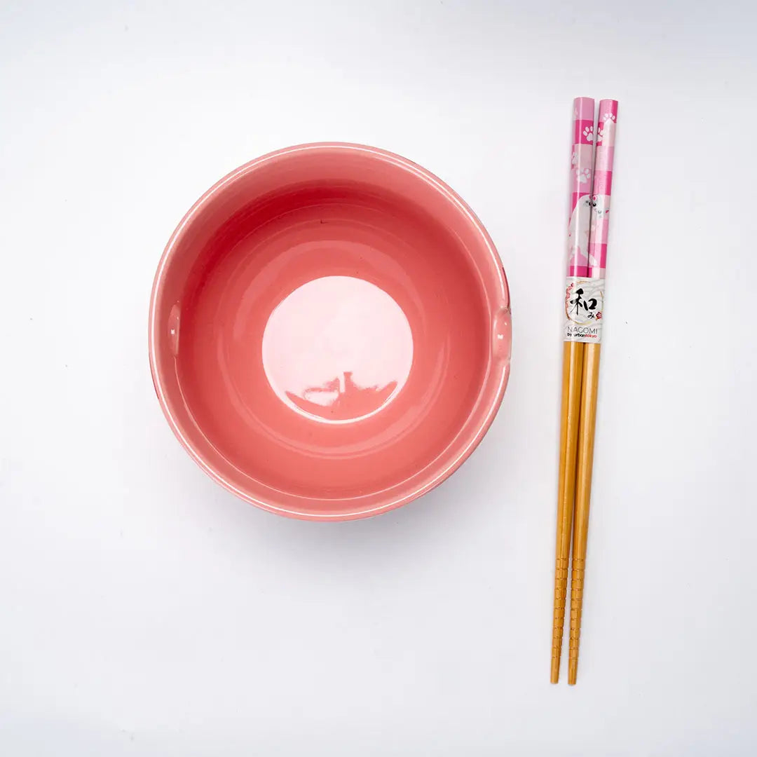 Neko Friends Pink Cat Design Donburi Bowl with Chopsticks Set