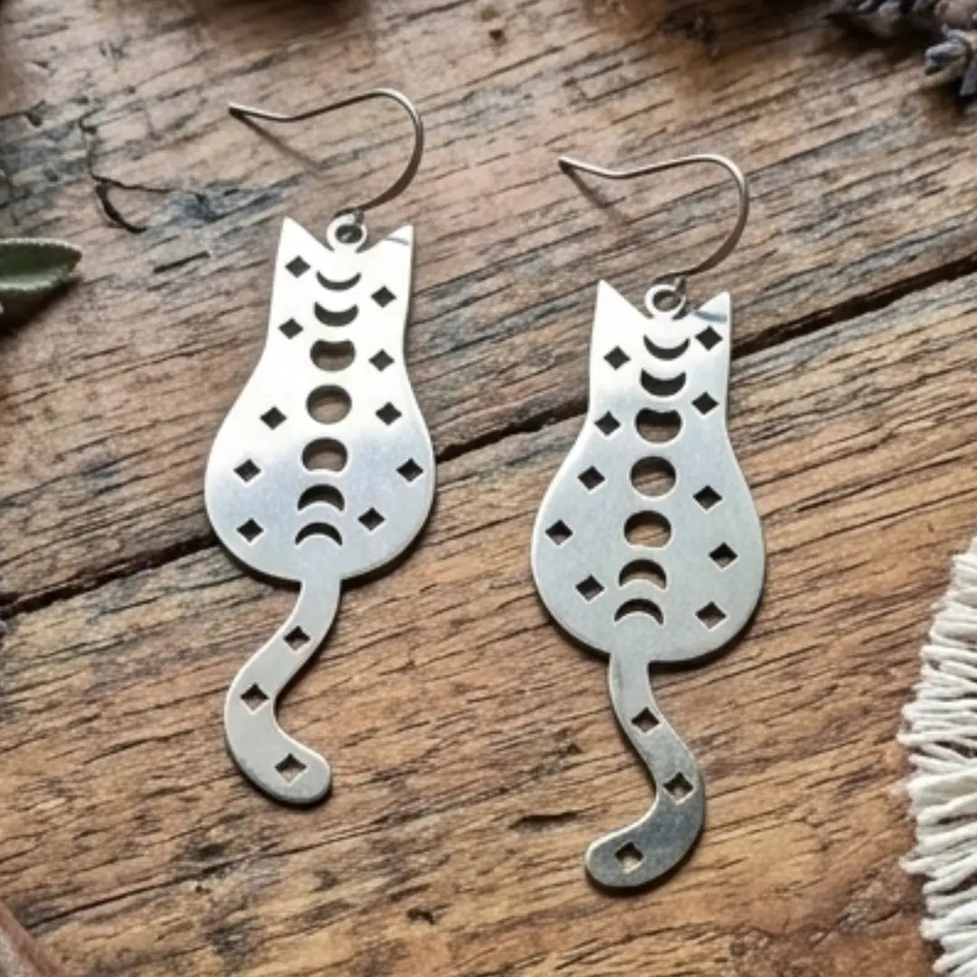 Celestial Moon Cat Drops Stainless Steel Earrings