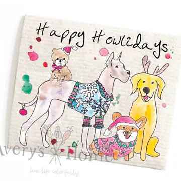 Happy Holidays Dogs Christmas Swedish Dishcloth