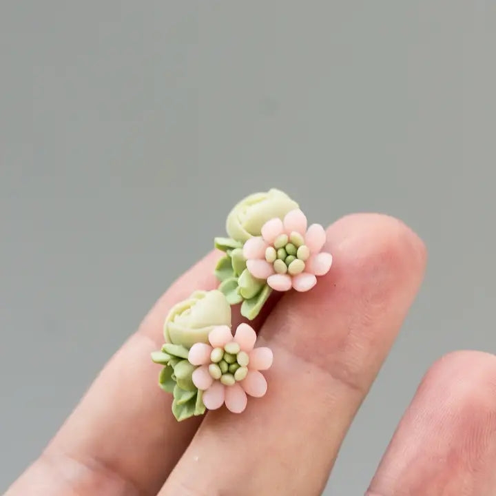 Succulent Stud Earrings - Pink Echeveria Plant