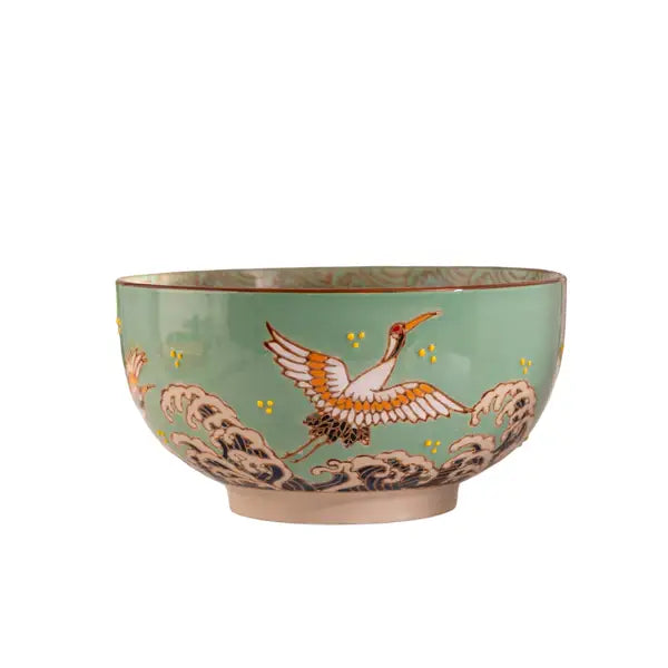 Japanese Crane Bowl with Chopsticks, Spoon, Lid & Trivet Set