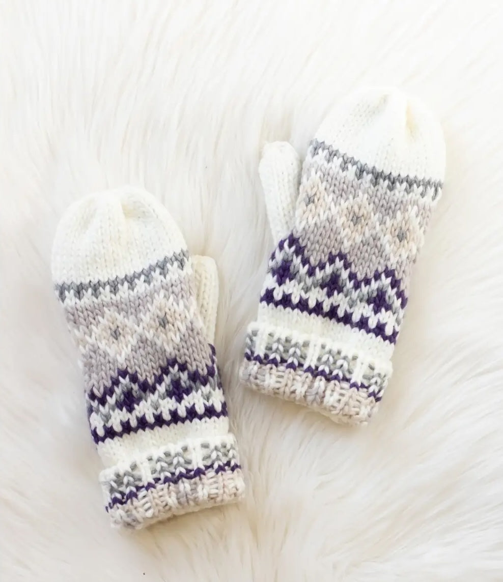 White, Purple & Taupe Patterned Mittens