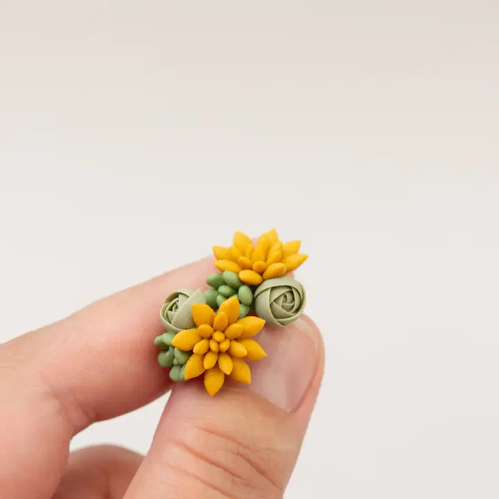 Handmade Succulent and Floral Bouquet Earrings - Orange Green