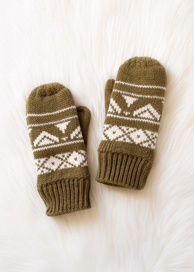 Olive & Cream Pattered Mittens