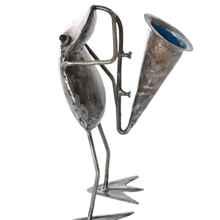 Metal Horn Playing Frog Sculpture