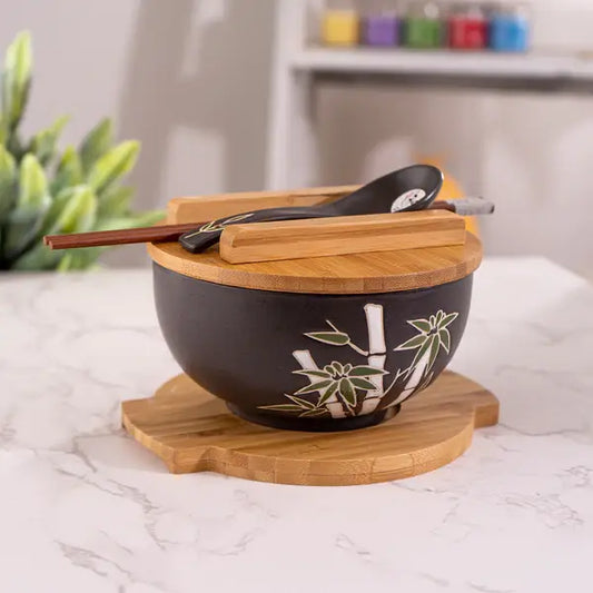 Bamboo Bowl with Chopsticks, Spoon, Lid & Trivet Set