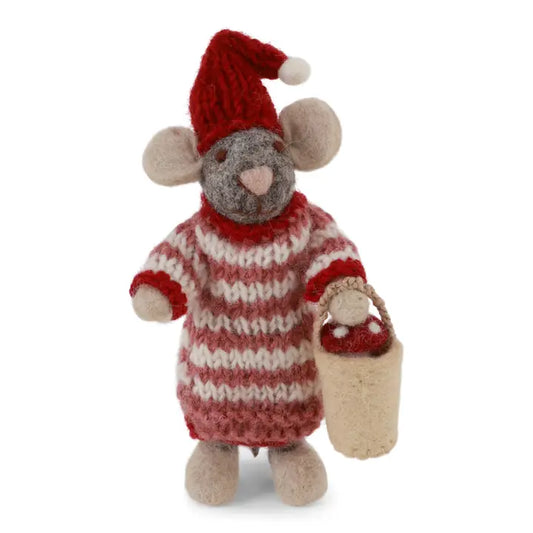 Small Grey Girly Mouse in Dress Mushroom Bucket
