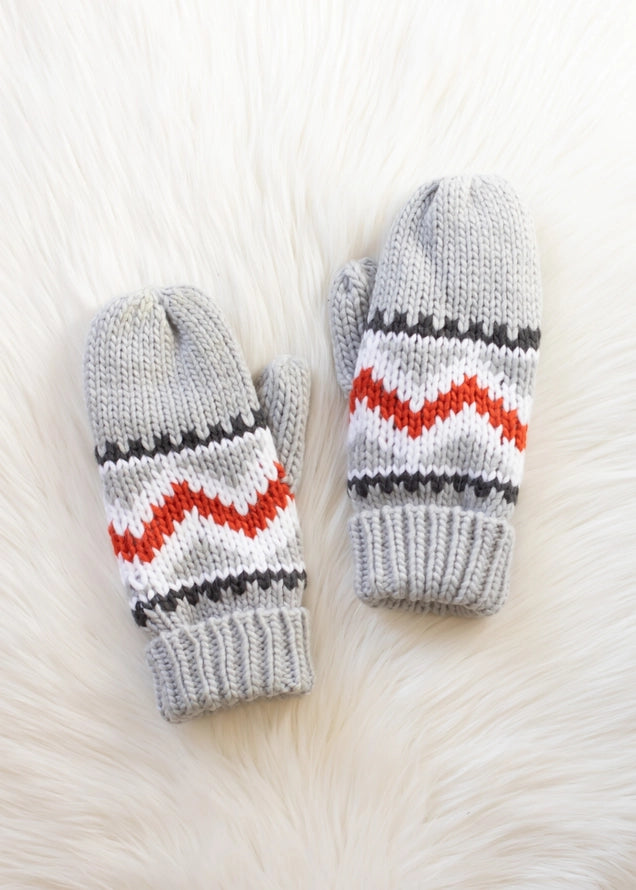 Grey, Red & White Patterned Mittens