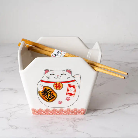 Lucky Cat Takeout Box Bowl with Chopsticks
