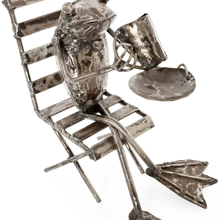 Coffee Sipping Metal Frog Sculpture