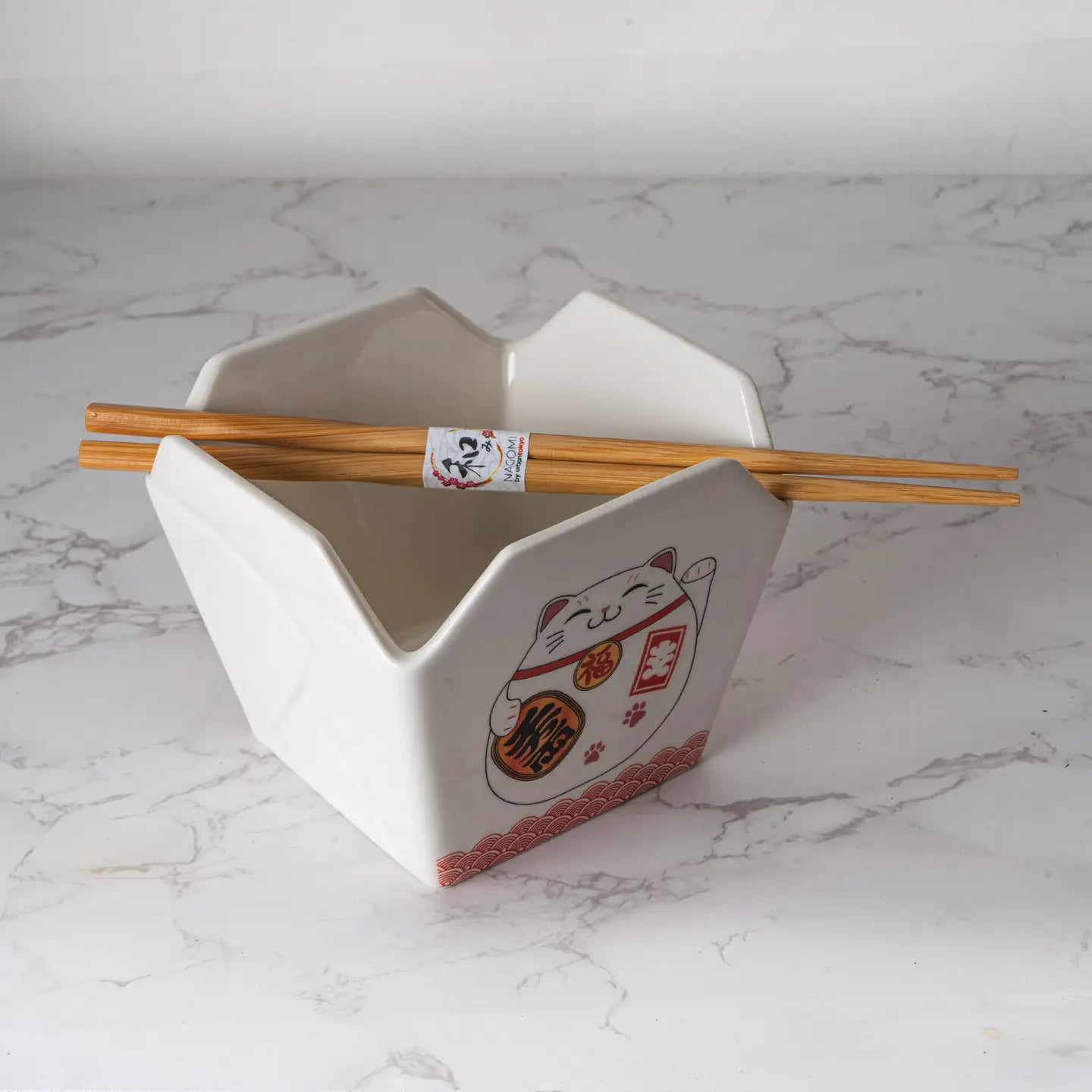 Lucky Cat Takeout Box Bowl with Chopsticks