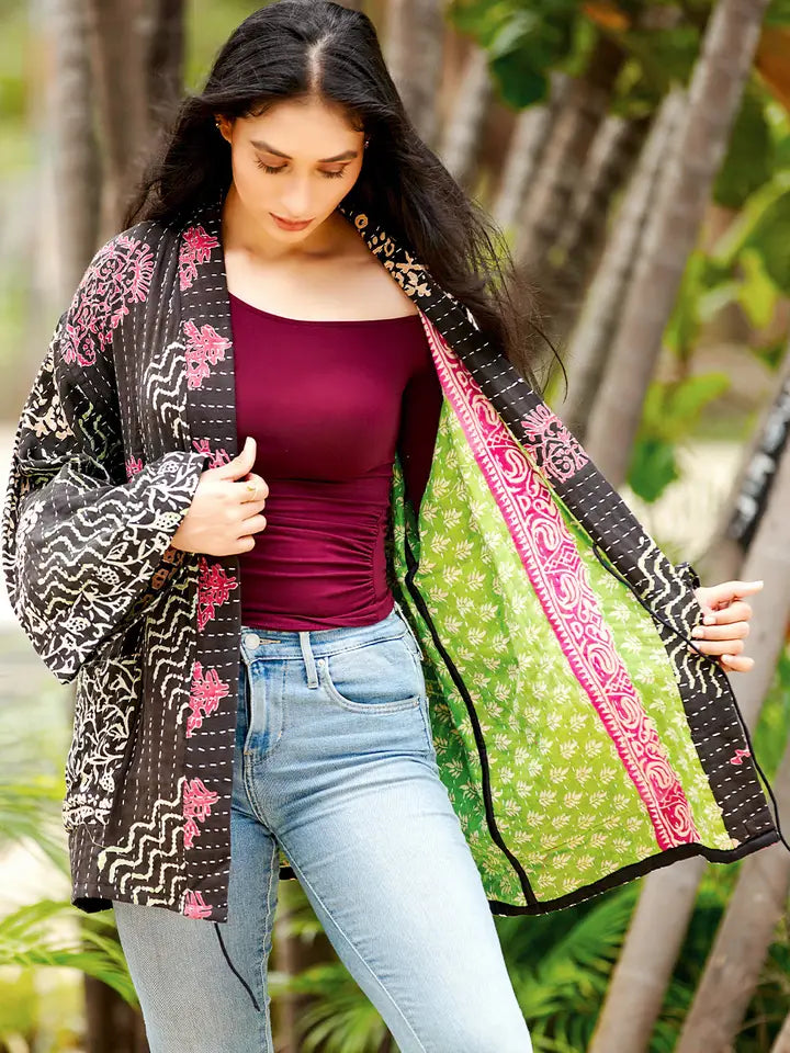 Reversible Black Kantha Kimono Jacket