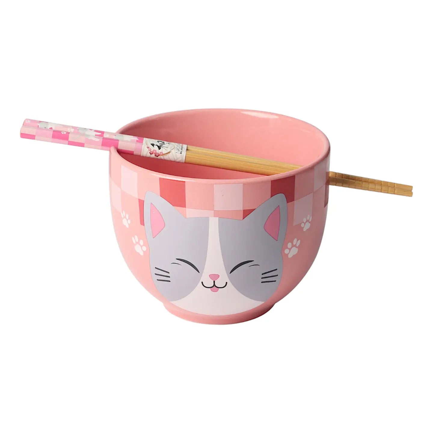 Neko Friends Pink Cat Design Donburi Bowl with Chopsticks Set
