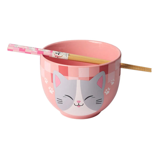 Neko Friends Pink Cat Design Donburi Bowl with Chopsticks Set