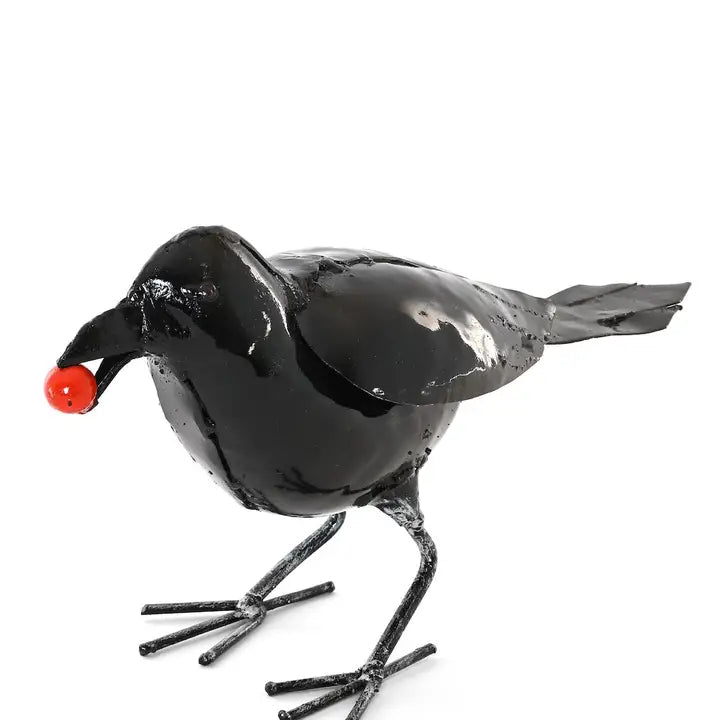Recycled Metal Crow with Berry Sculpture