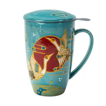 Tea Infuser Mug 15oz Teal Japanese Crane Design