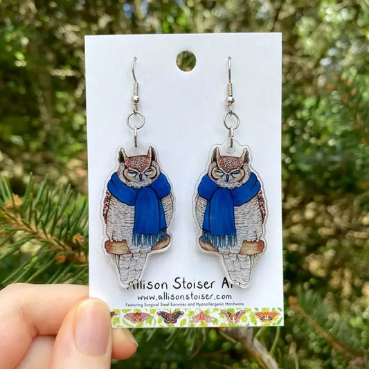 Acrylic Cozy Great Horned Owl in Scarf Earrings