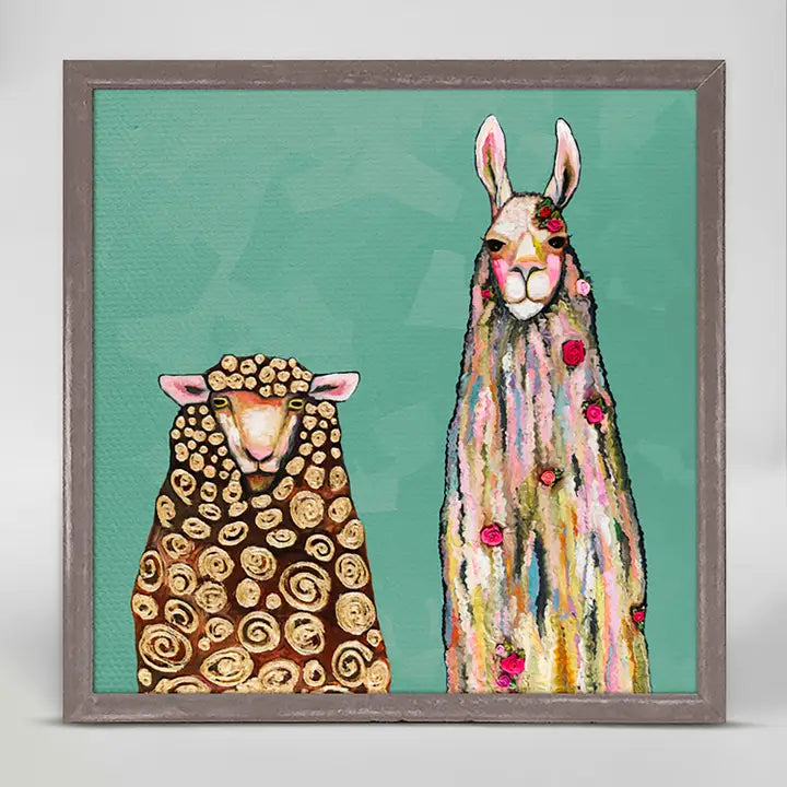 Llama Loves Sheep on Teal Mini Framed Canvas