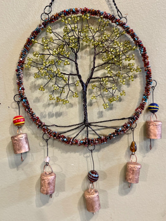 Wire Beaded Tree w/Bells -8" Green