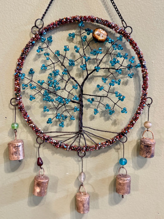 Wire Beaded Tree w/ Bells 8"-Blue w/sun