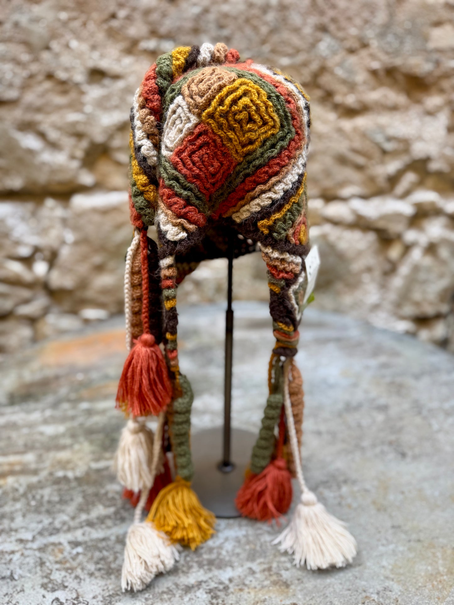 Diamond Pattern Hand Crochet Hat with Tassels & Earflap