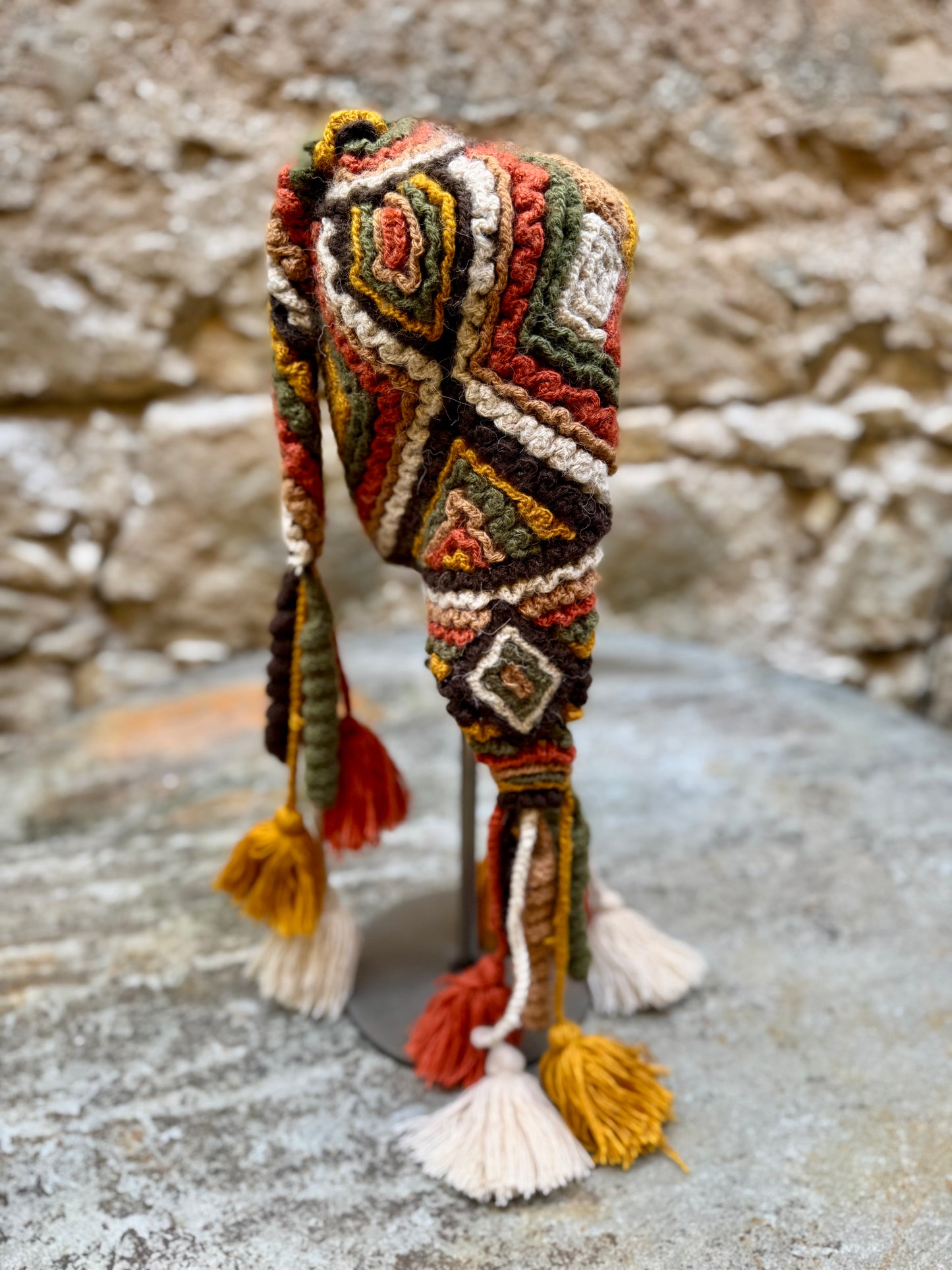 Diamond Pattern Hand Crochet Hat with Tassels & Earflap