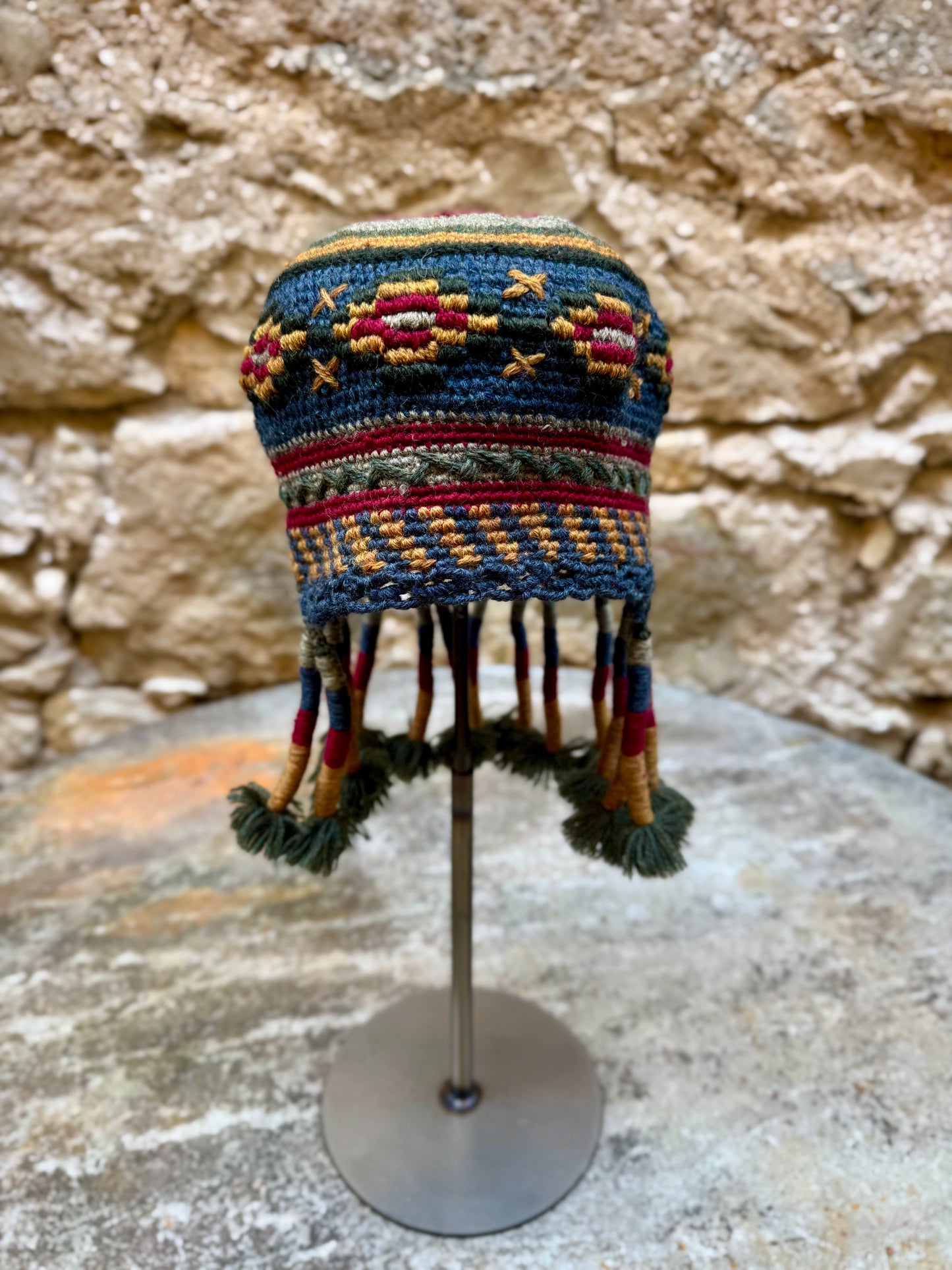 Ethnic Pattern Cossack Hat w/ Fringe Navy