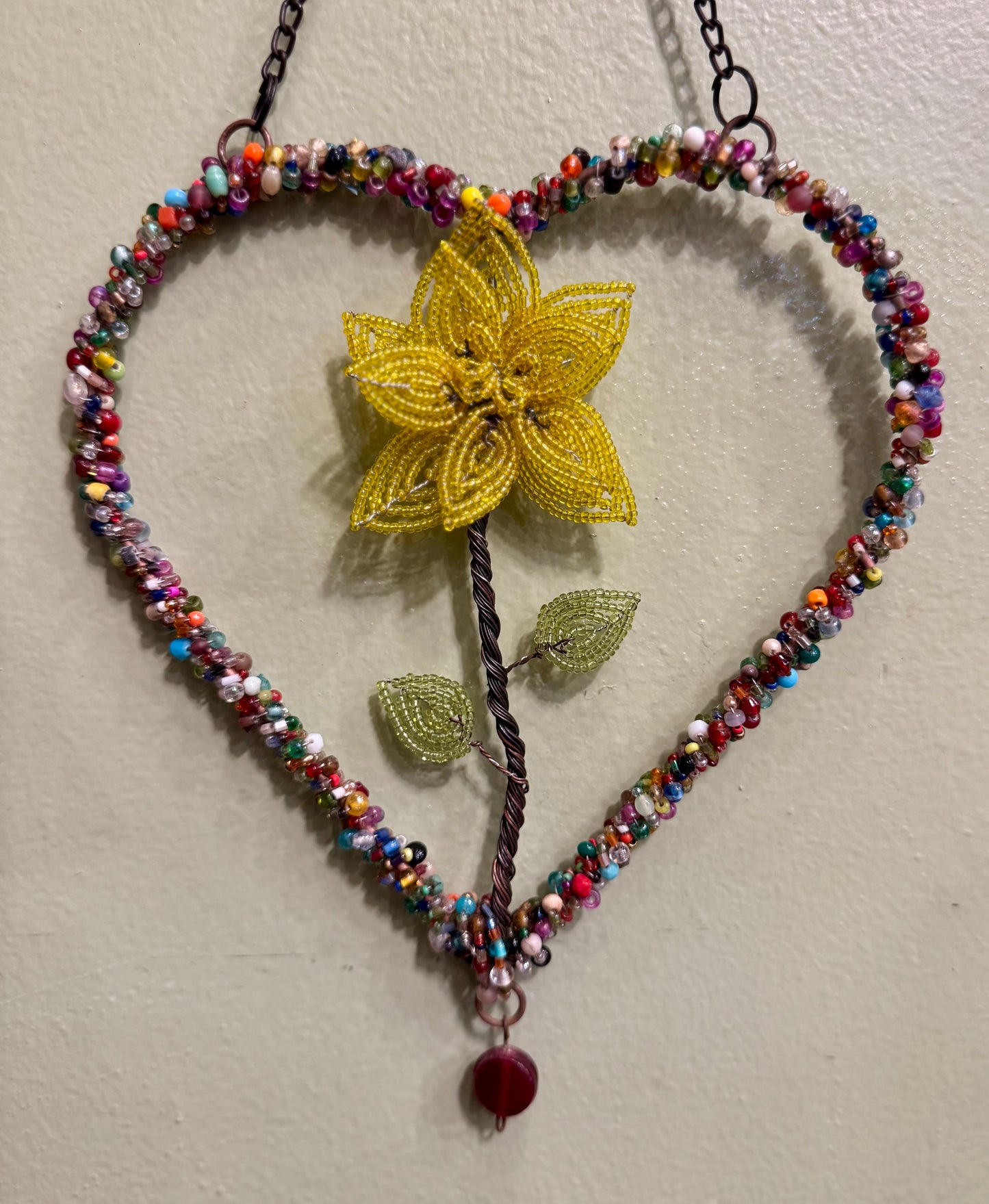 Wire Beaded Heart - Yellow Flower