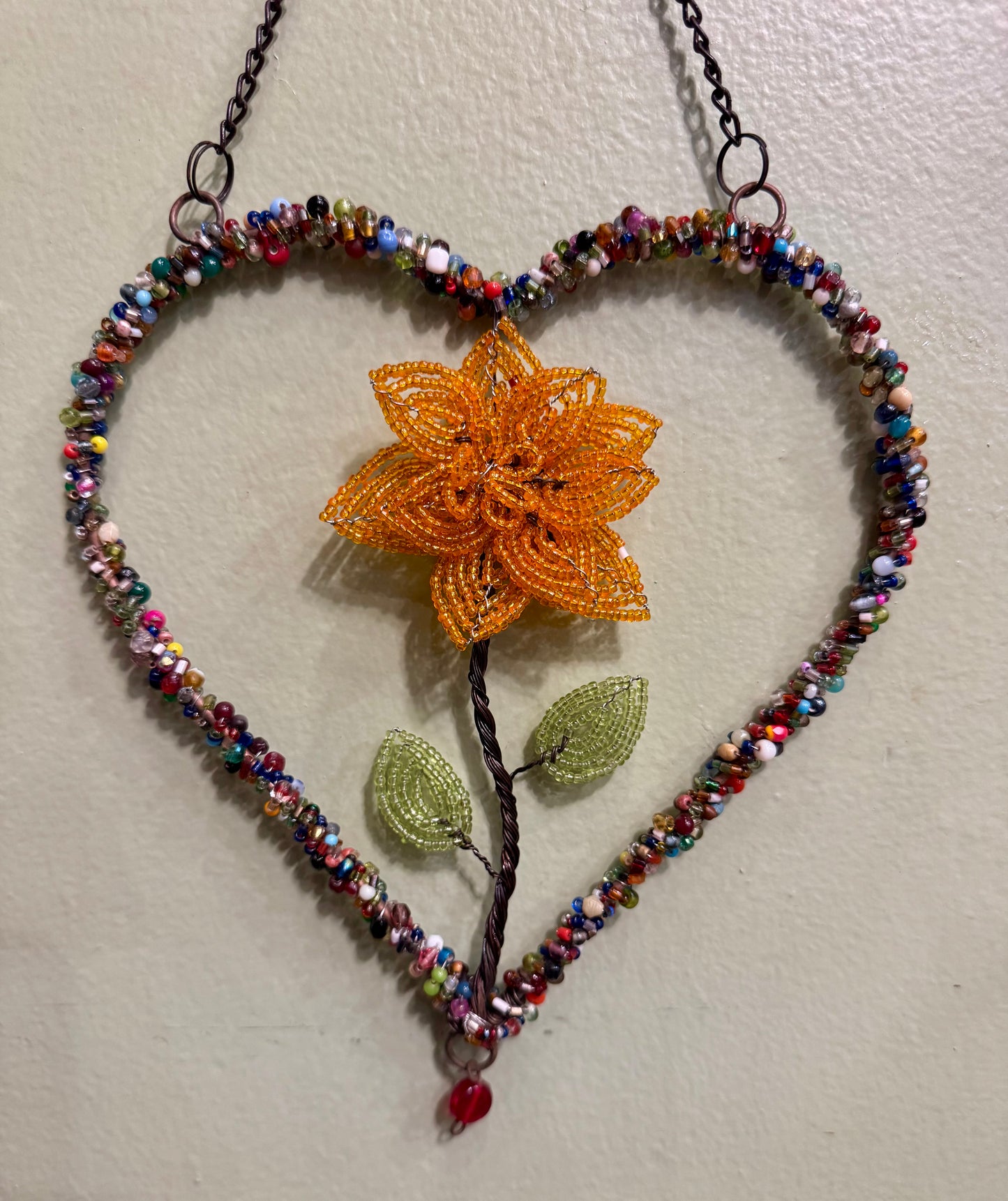 Wire Beaded Heart - Orange Flower