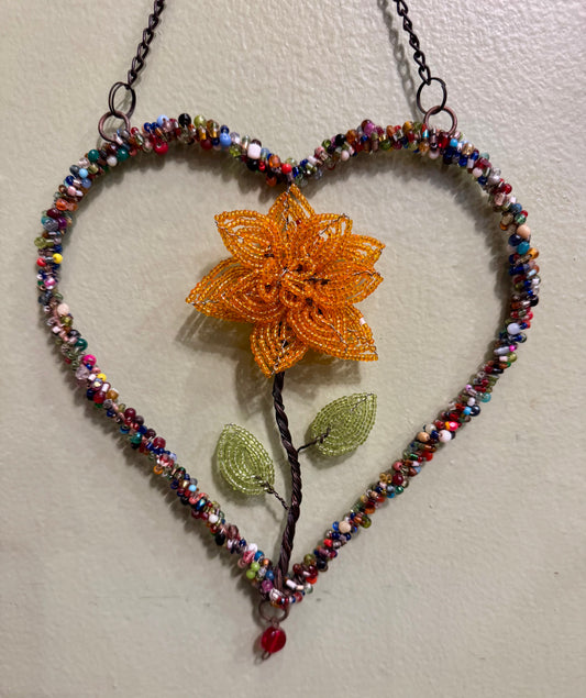 Wire Beaded Heart - Orange Flower