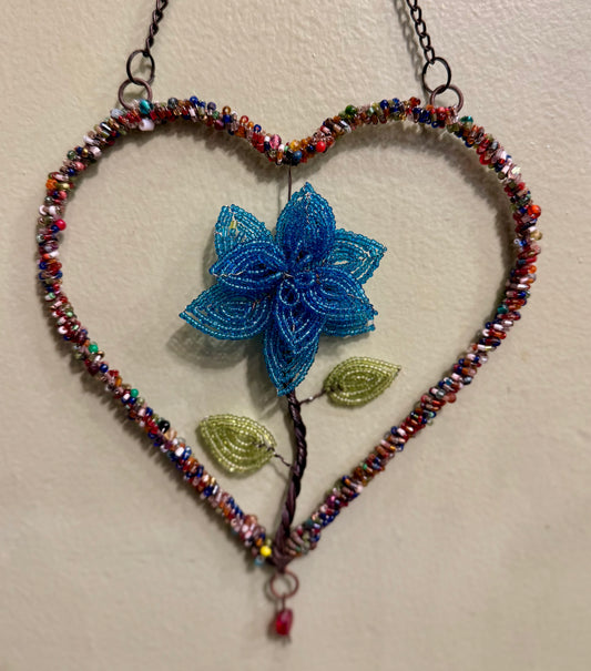 Wire Beaded Heart - Blue Flower