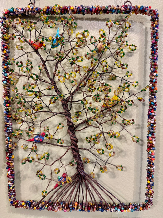 Wire Beaded Bird Tree Rectangle