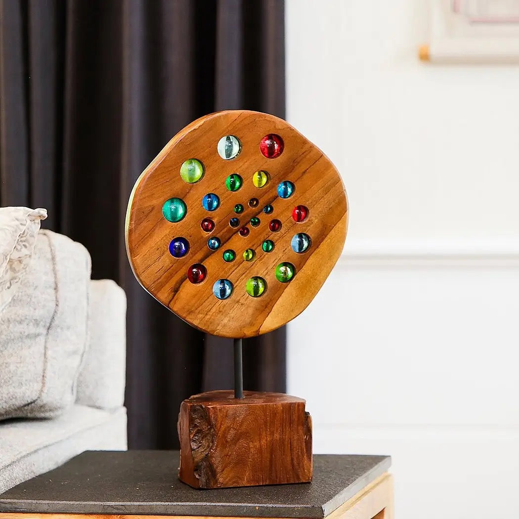 Teak Slab Glass Ball Spiral 20"