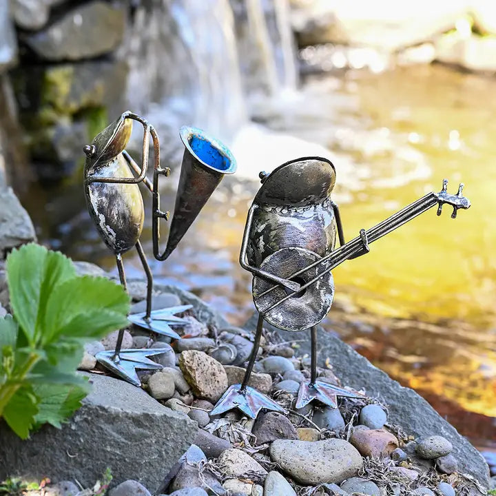 Metal Horn Playing Frog Sculpture