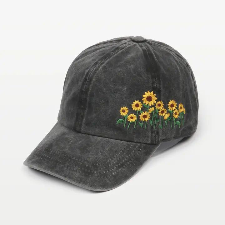 Sunflowers Side Embroidery Baseball Cap Black