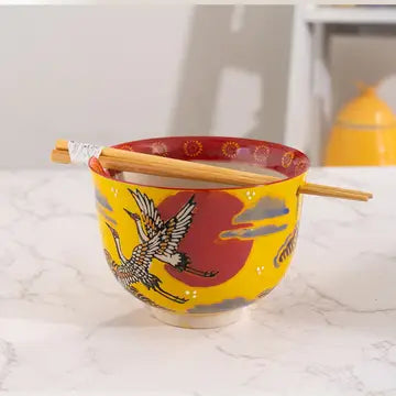 Japanese Crane Design Bowl with Chopsticks set