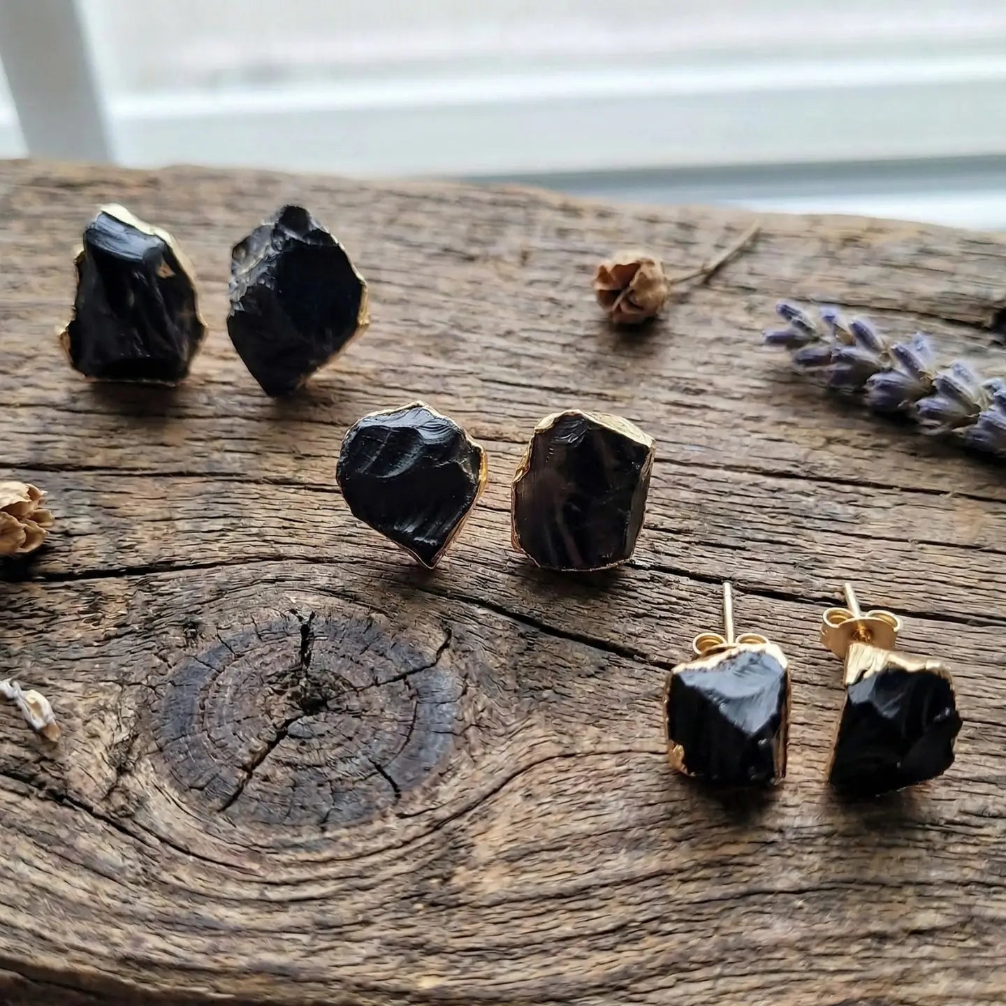 Raw Obsidian & 18k Gold Studs