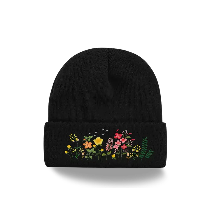 Wildflower Embroidered Knit Beanie Botanical Cuff
