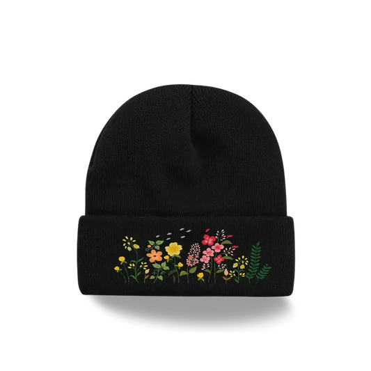 Wildflower Embroidered Knit Beanie Botanical Cuff
