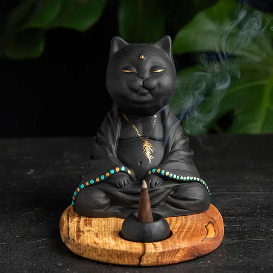 Natural Buddha Cat Incense Holder Black