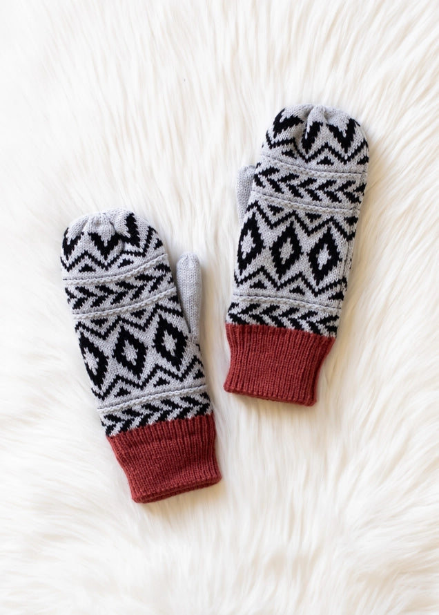 Grey, Black & Rust Patterned Mittens